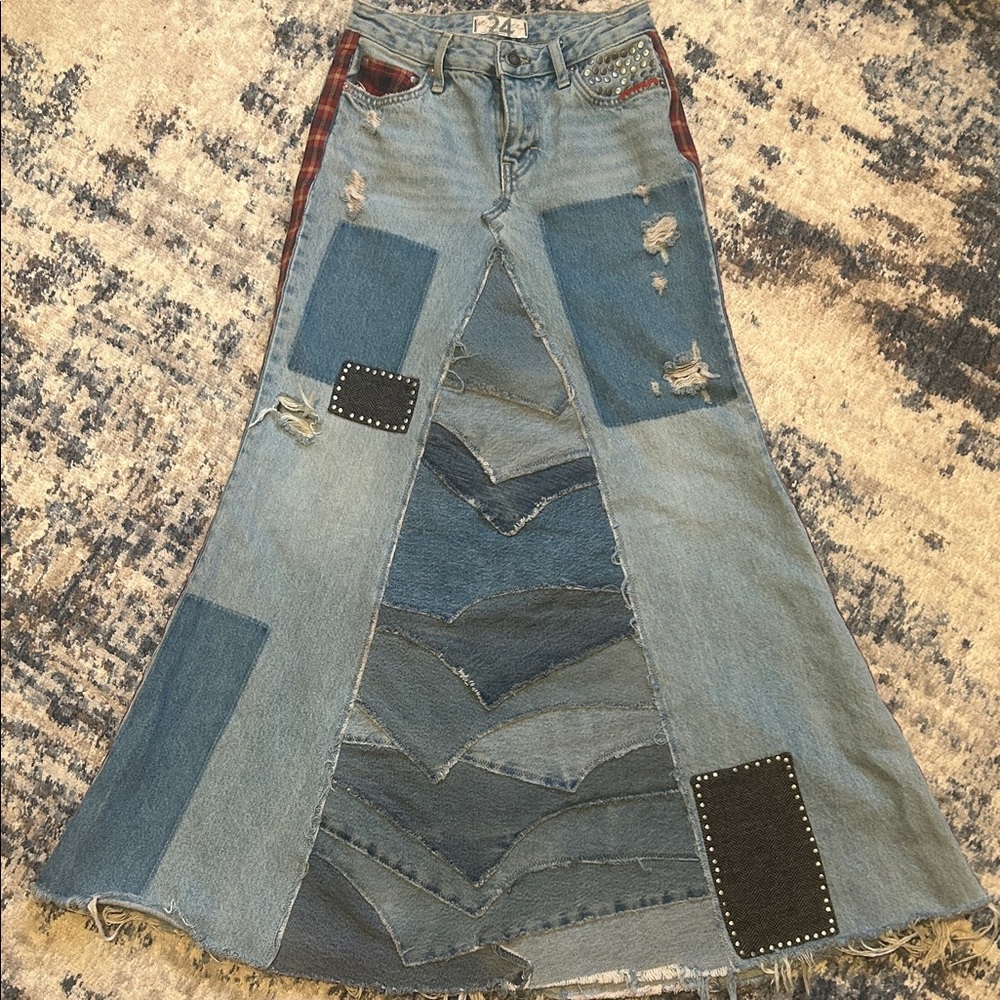Upcycled free people plaid patched and studded denim jean skirt